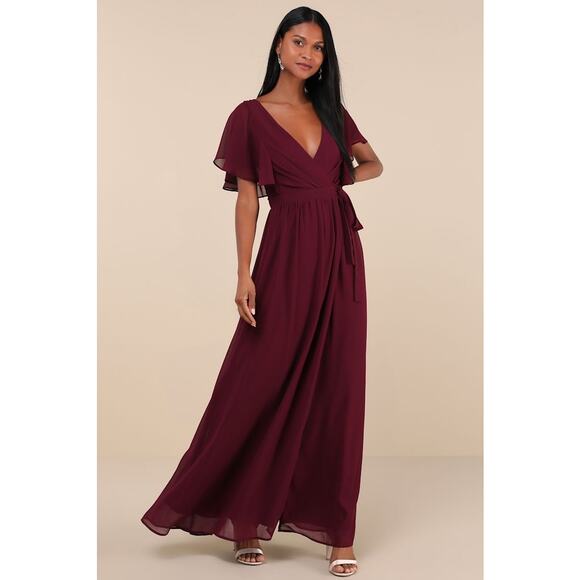 NWT Lulus Convincing Grace Burgundy Flutter Sleeve Wrap Maxi Dress Wedding Sz XL - Picture 1 of 8